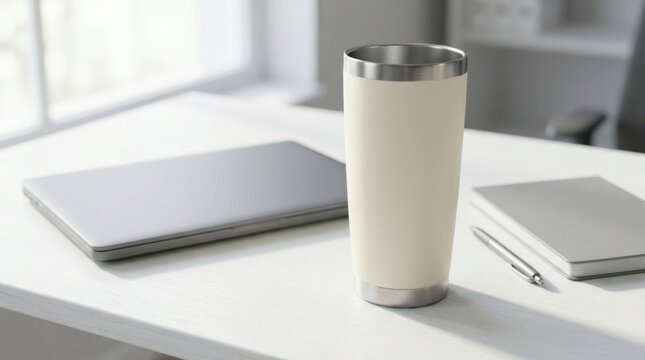 Modern Desk Setup with Laptop Tumbler and Notebook.