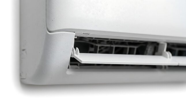 Wall-mounted air conditioner unit, close-up macro view, isolated on pure white background, hyperrealistic studio product photography