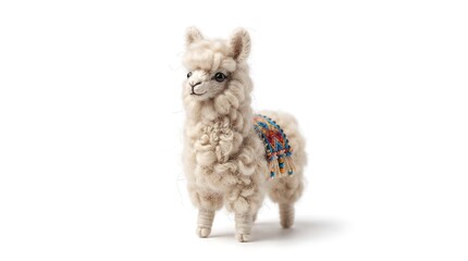 Naklejka premium Alpaca figurine, close-up macro view, isolated on pure white background, hyperrealistic studio product photography