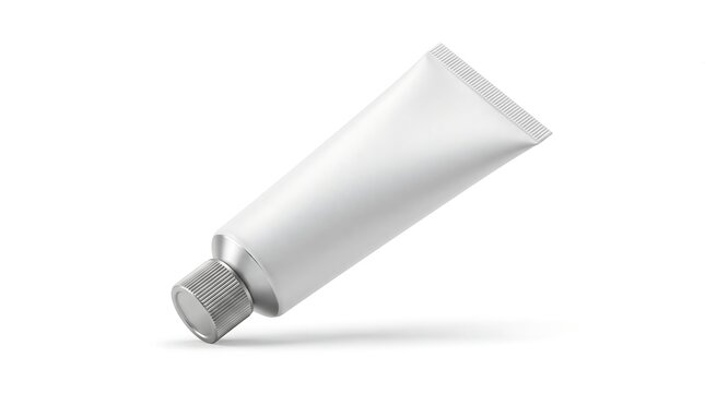 Cosmetic tube mockup, 45-degree angle view, isolated on pure white background, hyperrealistic studio product photography