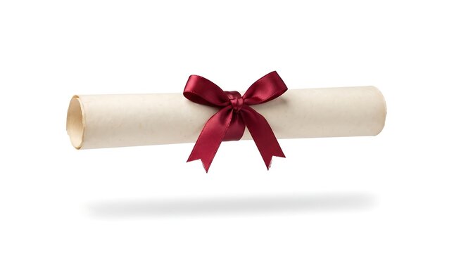 Rolled diploma scroll, floating mid-air view, isolated on pure white background, hyperrealistic studio product photography