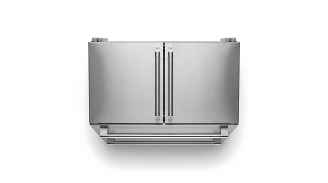 Stainless steel refrigerator, top-down flat lay view, isolated on pure white background, hyperrealistic studio product photography