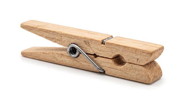 Wooden clothespin, close-up macro view, isolated on pure white background, hyperrealistic studio product photography