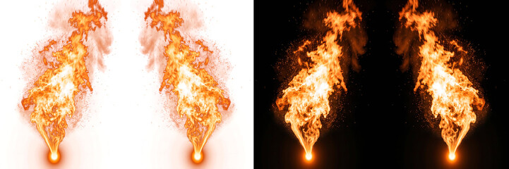 Symmetrical twin fire blast VFX elements isolated on black and white backgrounds © mashiur