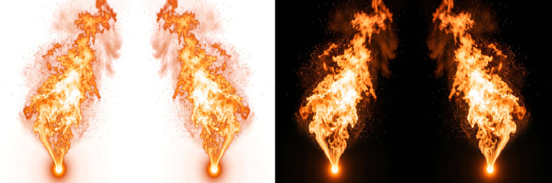Symmetrical twin fire blast VFX elements isolated on black and white backgrounds