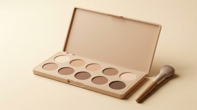 Neutral eyeshadow palette with makeup brush on a light background.