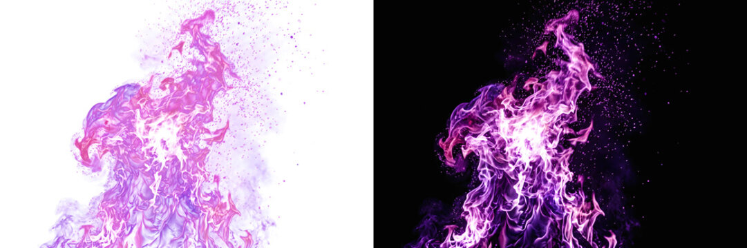 Purple and pink magical fire flame VFX elements isolated on black and white backgrounds