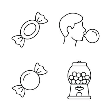 Minimalist black and white icons of sweet candies, chewing gum, and a gumball machine.