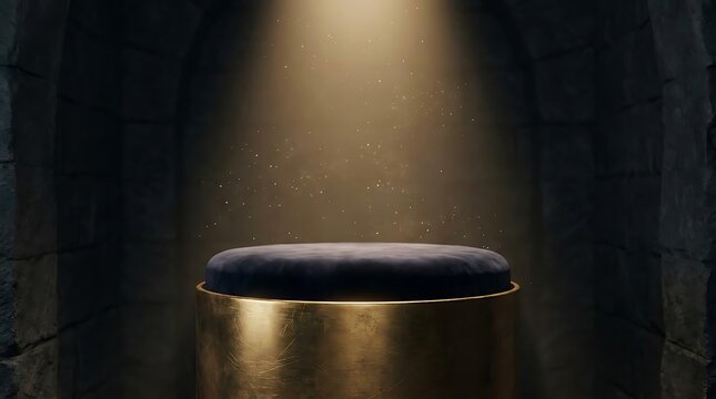 Gold pedestal with blue velvet cushion in dark chamber
