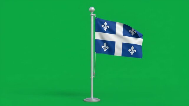 Quebec Flag Waving on a Pole Against a Green Screen Background, Symbolizing Canadian Province Identity.