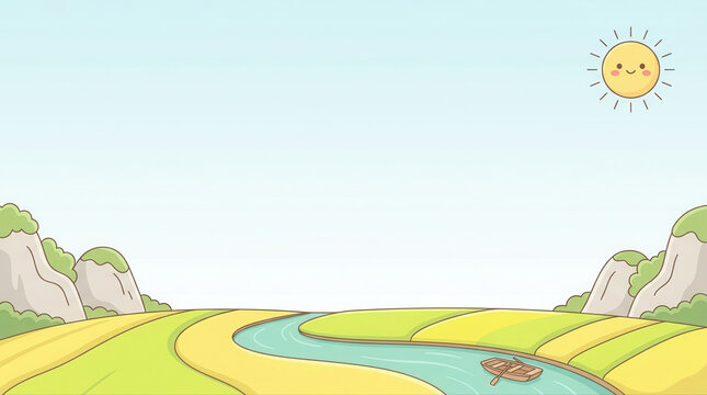 Peaceful animated scenery featuring a riverboat under a radiant sun against a backdrop of a clear blue sky