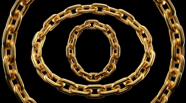 Golden metal chain links arranged in swirling circles