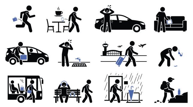 Stick figure pictogram collection showing daily life events and common personal item loss situations vector graphic