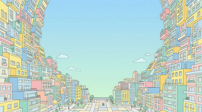 Vibrant city skyline featuring unique architectural designs set against a bright blue sky with fluffy clouds