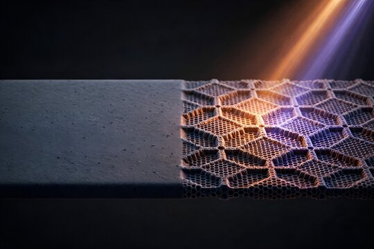 Macro of hexagonal honeycomb composite material with glowing light beams