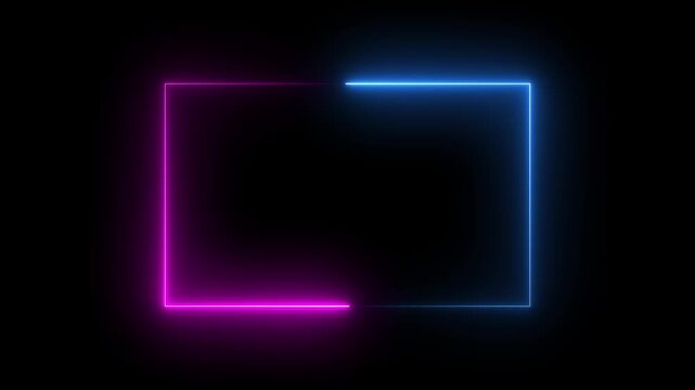 neon Square Rectangle picture frame icon animation glowing pink and blue color party show seamless footage border frame display neon box line smooth effect on black background	