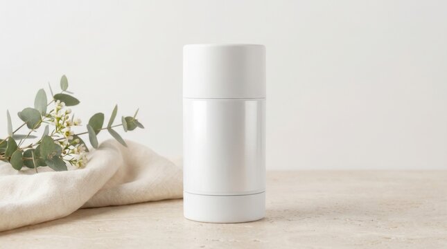 White Deodorant Stick with Eucalyptus Leaves on a Light Background.