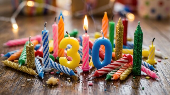 Festive birthday candles in colorful shapes and sizes celebrate thirty years.