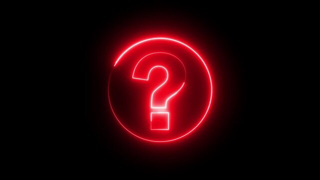 Glowing neon red color question mark sign icon animation quiz confusion mark punctuation interrogative sign education exam circle alphabet sign symbol on black background