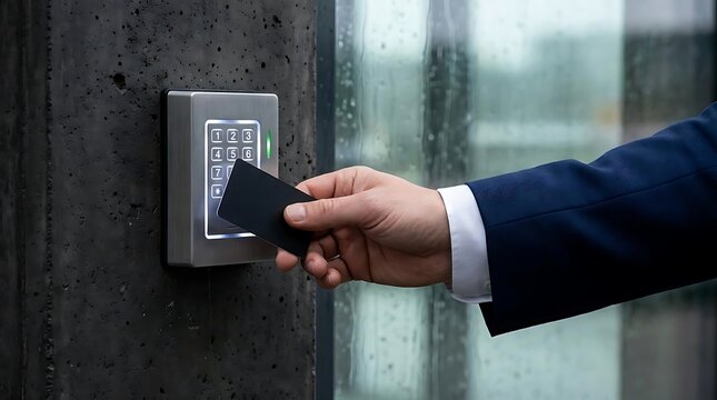 Hand using security card on keypad reader