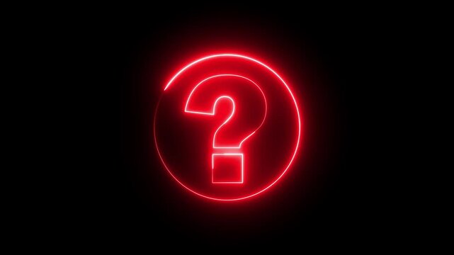 Glowing neon red color question mark sign icon animation quiz confusion mark punctuation interrogative sign education exam circle alphabet sign symbol on black background
