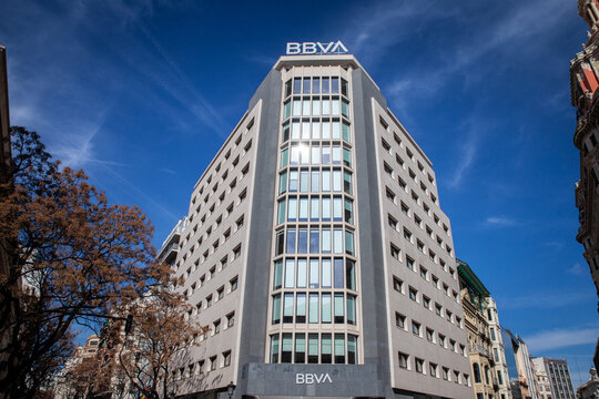 VALENCIA, SPAIN - FEBRUARY 27, 2026: BBVA bank logo on a high-rise office building against in Valencia, Spain. BBVA, or Banco Bilbao Vizcaya Argentaria, is a spanish retail and investment bank.