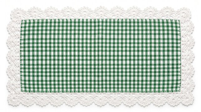 Green gingham placemat with white lace border on white background