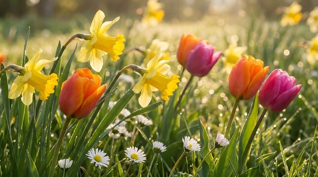 Yellow daffodils and tulips in a green field