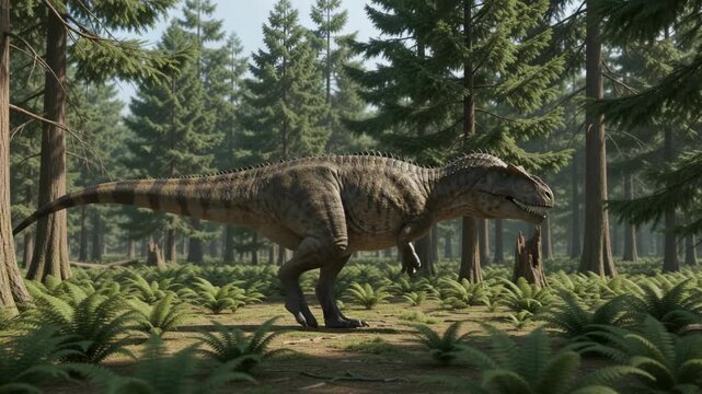 Acrocanthosaurus Walks Through a Fern Covered Prehistoric Forest