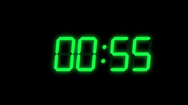 Green Digital Countdown 1 Minute (60 Seconds) Timer on Black Background