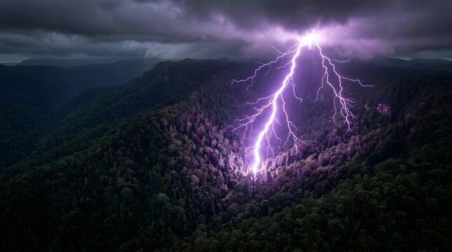 Purple lightning bolt striking a dark mountain forest during a storm