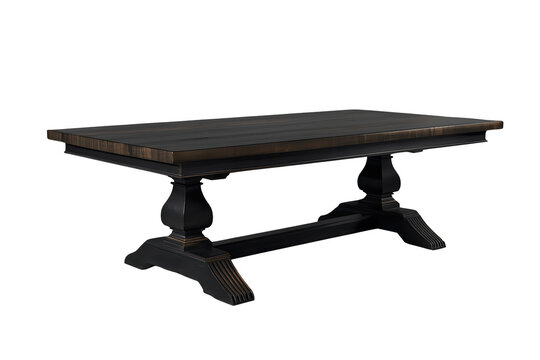 Dark wood trestle table viewed at an angle