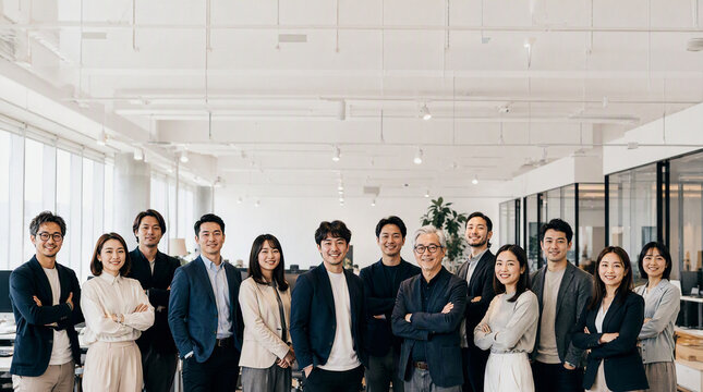 オフィスで並んで微笑む多様なビジネスチーム