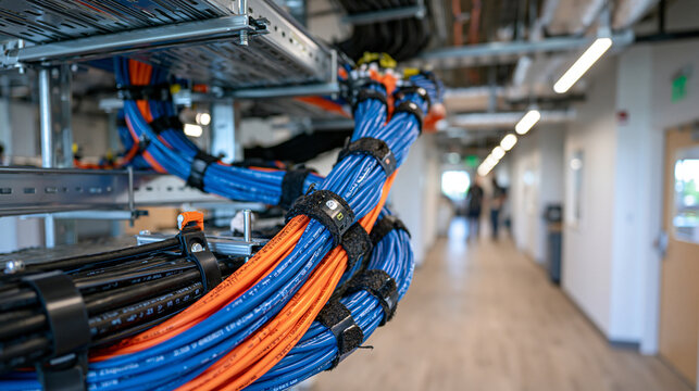 Modern hospital technical ceiling with metal cable trays carrying neatly bundled power, lighting and data cables, organized conduit infrastructure above a clean corridor, professional electrical ins