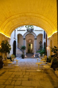 Ragusa Ibla, Sicily 01.03.2020: Inner courtyard of the A.D. 1768 Boutique Hotel