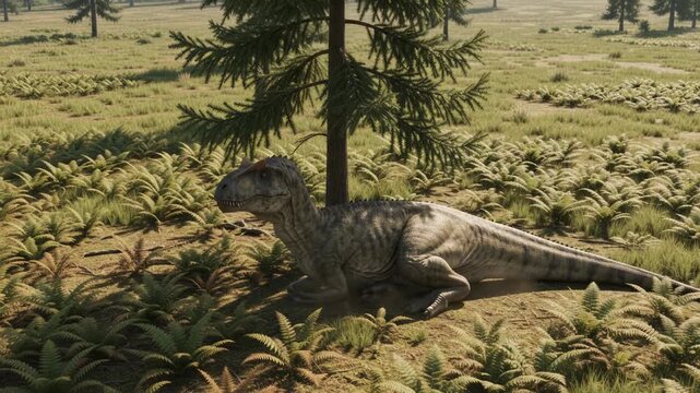 Allosaurus Settles in the Shade on Fern Savanna