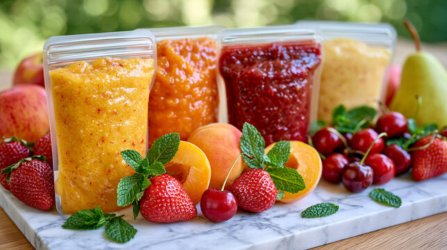 Side view of four reusable baby food pouches filled with peach, apricot, cherry and pear puree, colorful fresh fruits arranged in front of the pouches on a polished marble counter, mint leaves scatt