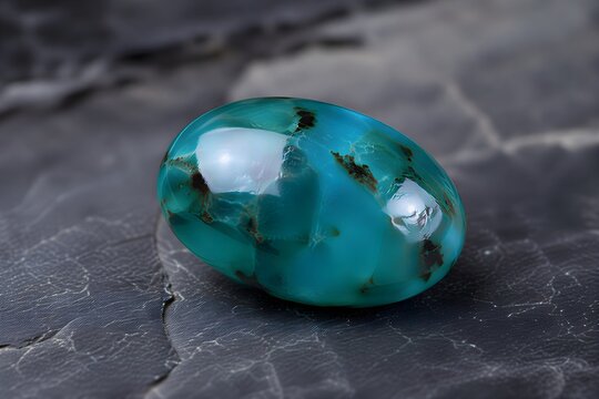 Polished Bacan Crystal Gemstone with Natural Blue Green Matrix on Dark Slate Background