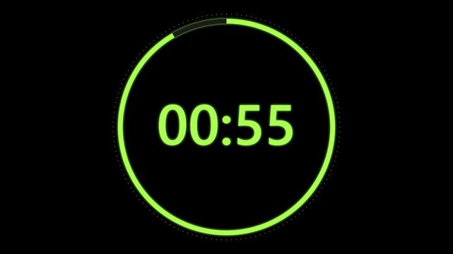 Green Digital Countdown 1 Minute (60 Seconds) Timer Animation on Black Background