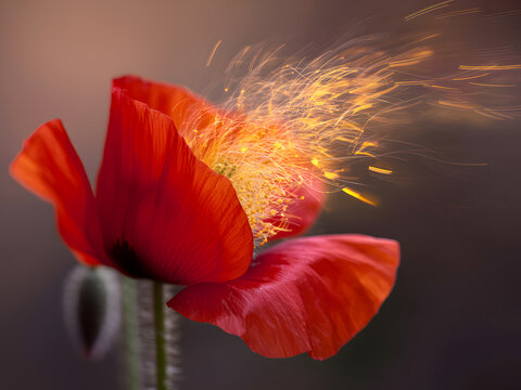 Red poppy bloom with glowing pollen explosion during gentle illumination