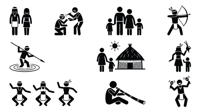 Indigenous tribal people stick figure vector illustration showing traditional activities and daily life cultural patterns