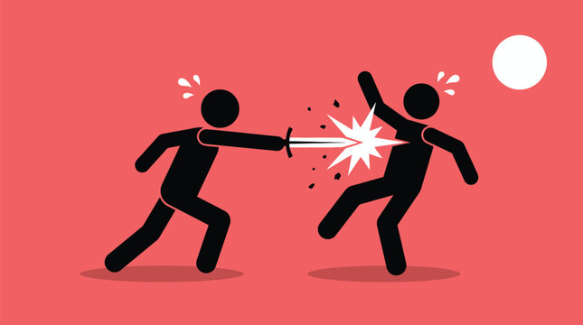 Stick figure graphic illustration depicting dramatic sword fighting action with vibrant red background and star burst