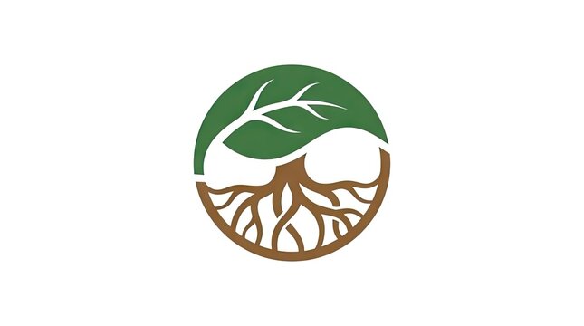 Circular logo with green leaf and brown roots.