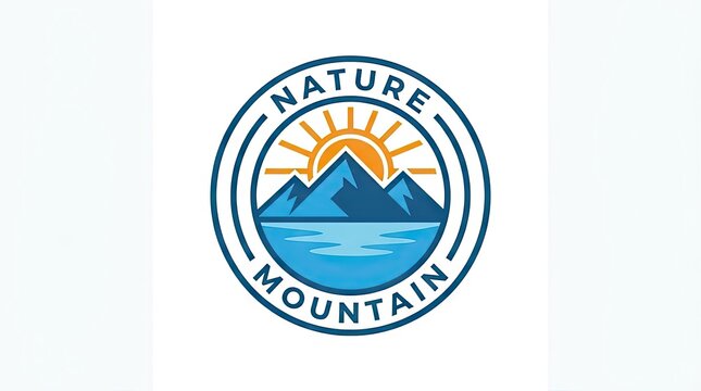 Circular nature mountain logo with sun and water elements.
