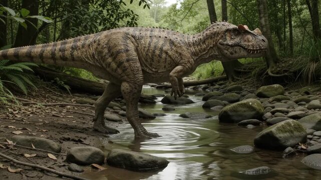 Ceratosaurus Walking Through A Shallow Rocky Forest Stream