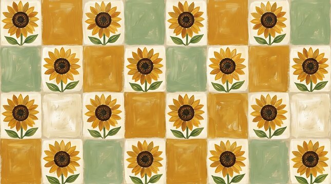 floral checkerboard pattern with sunflower theme in warm yellow, ochre, and soft green tone
