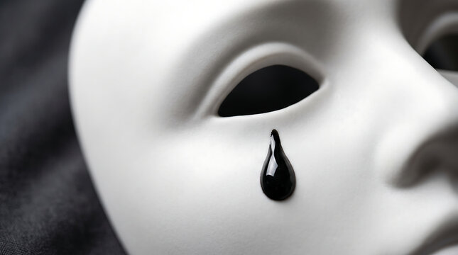 White Porcelain Pierrot Mime Mask with Glossy Black Teardrop Detail Close-Up