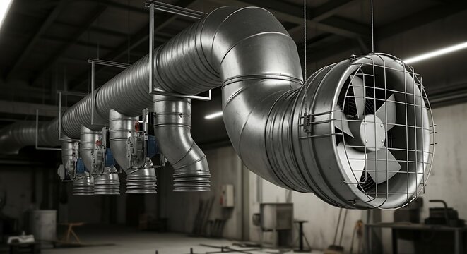 Industrial ventilation system with hanging metal ducts