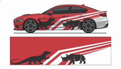 Naklejka premium Red Car Wrap Design with Rhino and Lizard Graphics.