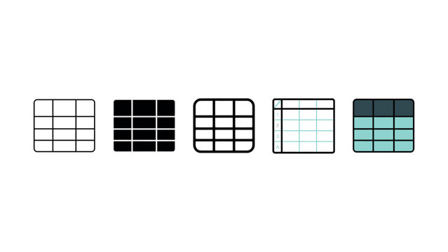 Set of five flat linear vector icons representing digital spreadsheet table grids for data management and organization software interface design